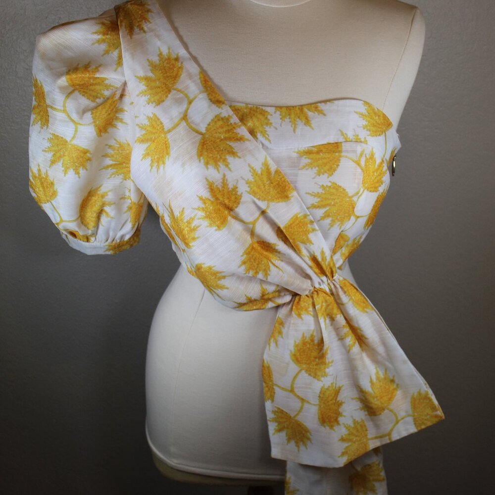 Womans Blouse One shoulder crop in White/ Yellow attached bow Palm print  Sz L